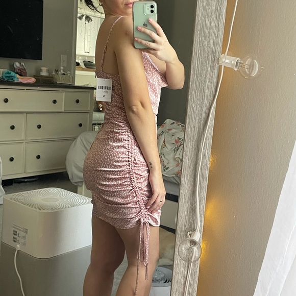 Pink Pattern Midi Satin Cinched Dress - Picture 3 of 4